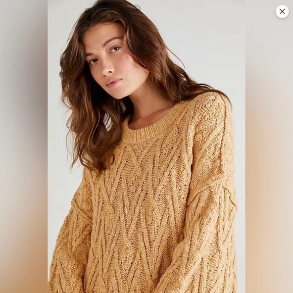 Free People Sweater L Isla Cable Knit Tunic Oversized Slouchy Boho Fisherman Tan - Picture 3 of 13
